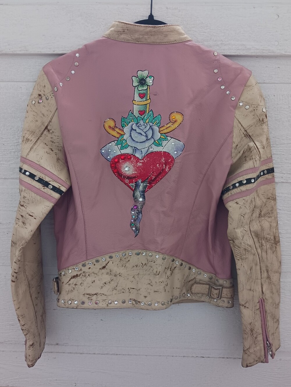 Vintage Wilsons Leather Pink distressed Leather Jacket With Tattoo Design